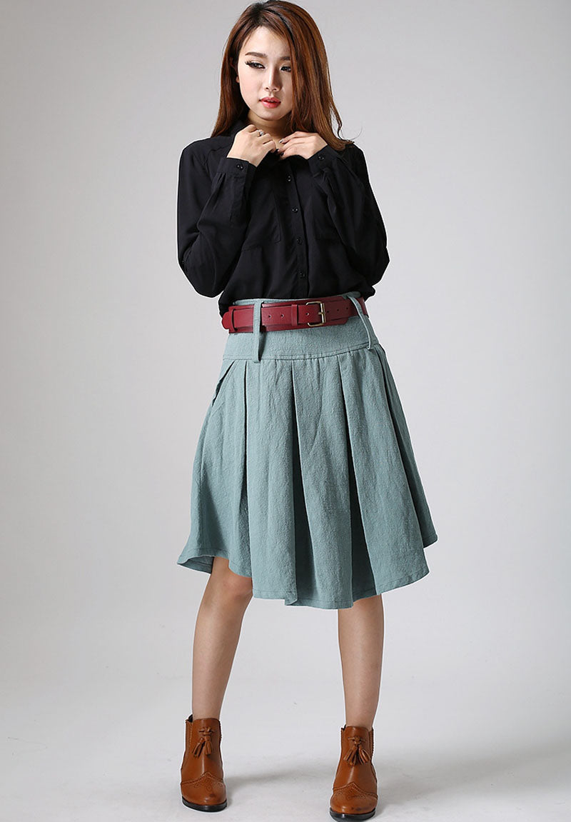 Handmade Dusty Teal Linen Pleated A-Line Skirt – Vintage Knee-Length | Xiaolizi 915