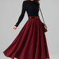 Burgundy Wool Midi Skirt – Vintage Button Front High Waisted Winter Skirt with Pockets 6395