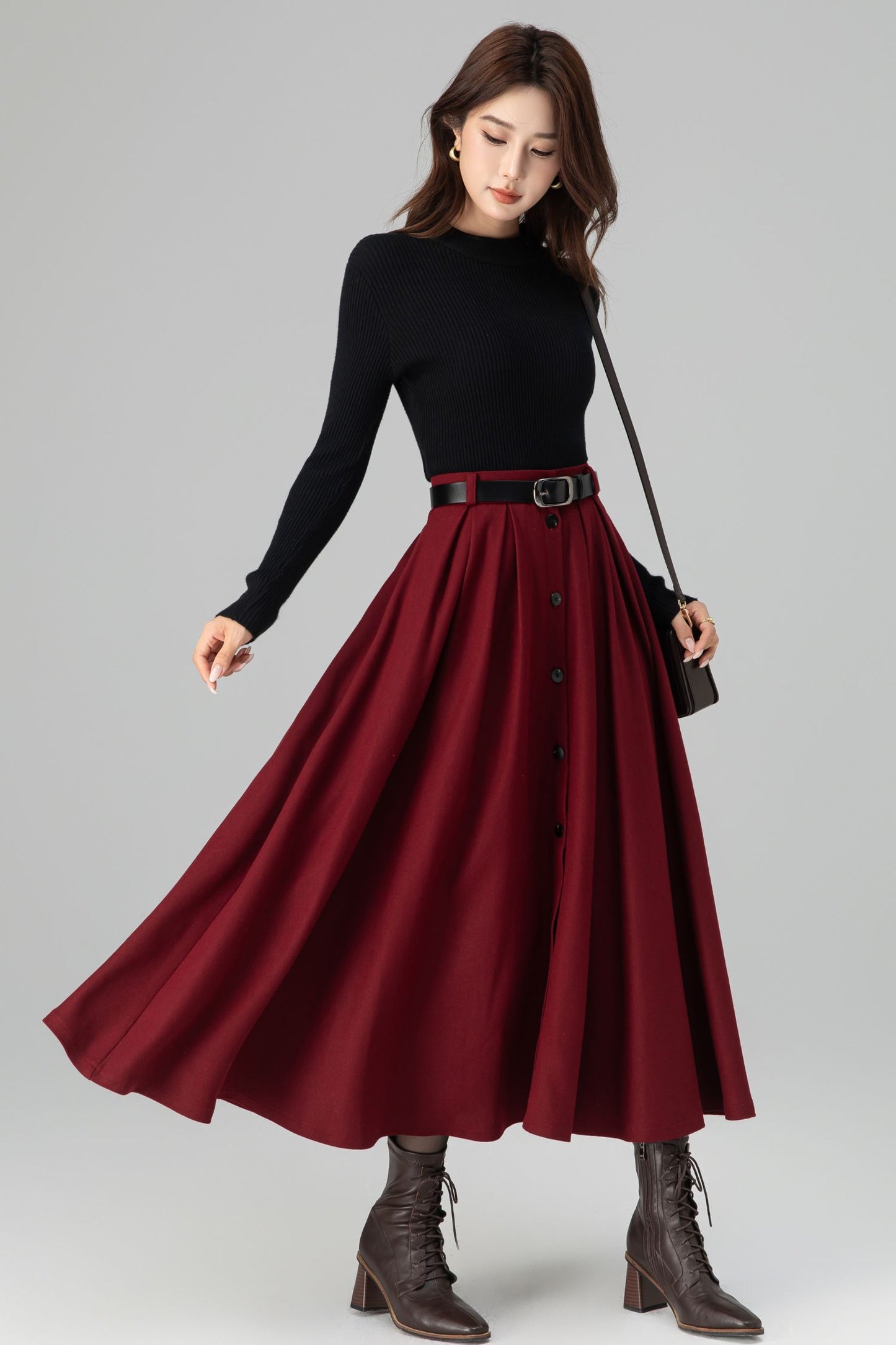Burgundy Wool Midi Skirt – Vintage Button Front High Waisted Winter Skirt with Pockets 6395