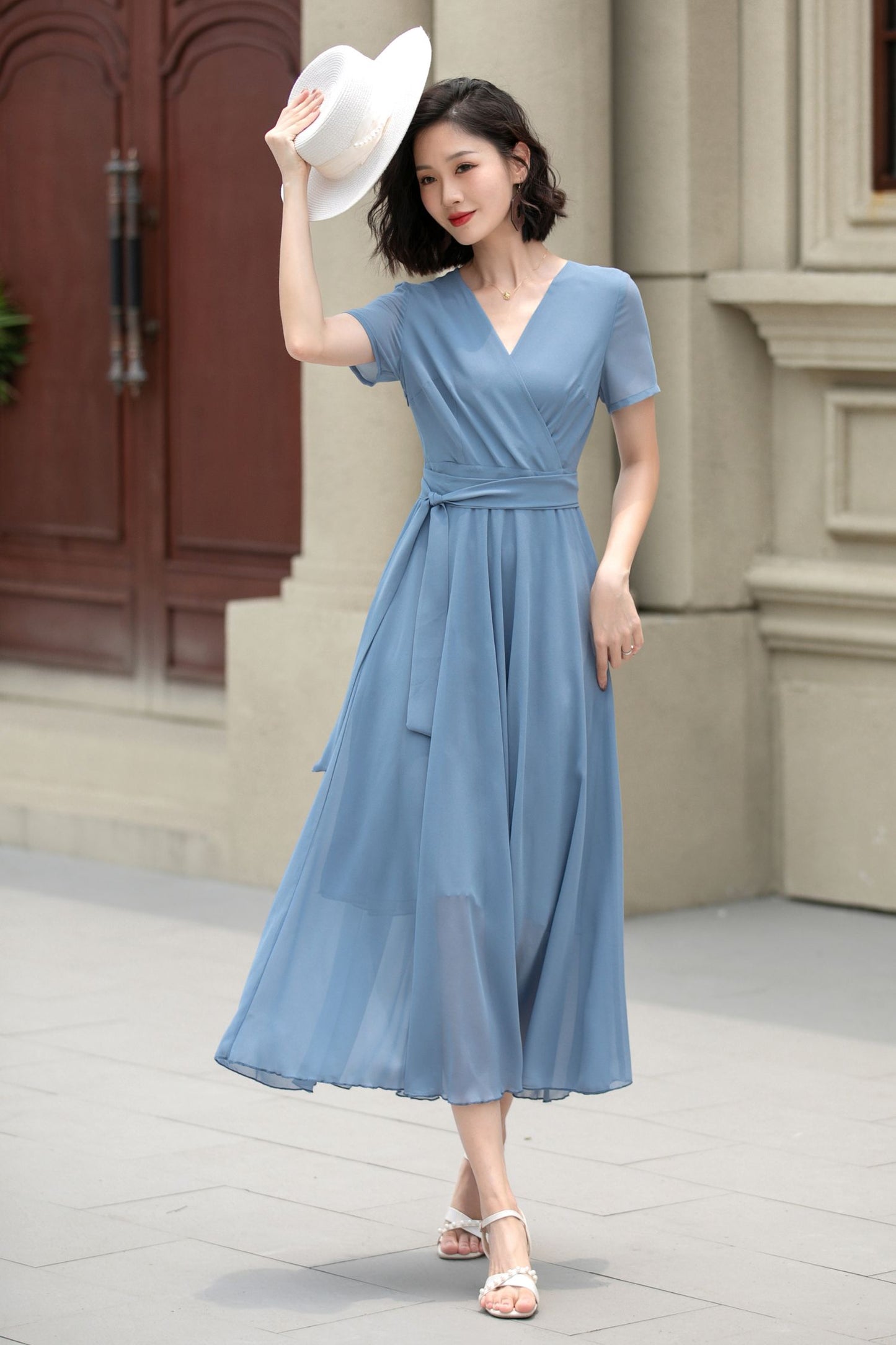 Blue fit and flare prom summer chiffon dress 5206