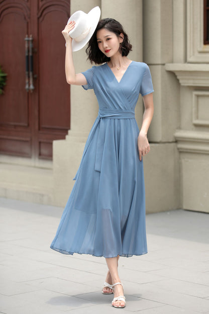 Light Blue Chiffon Dress – Fit & Flare Summer Swing Midi | Xiaolizi 5206
