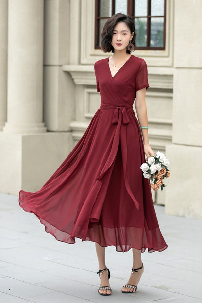 Burgundy Chiffon Midi Dress - Fit and Flare, V-Neck Wrap Style 5222