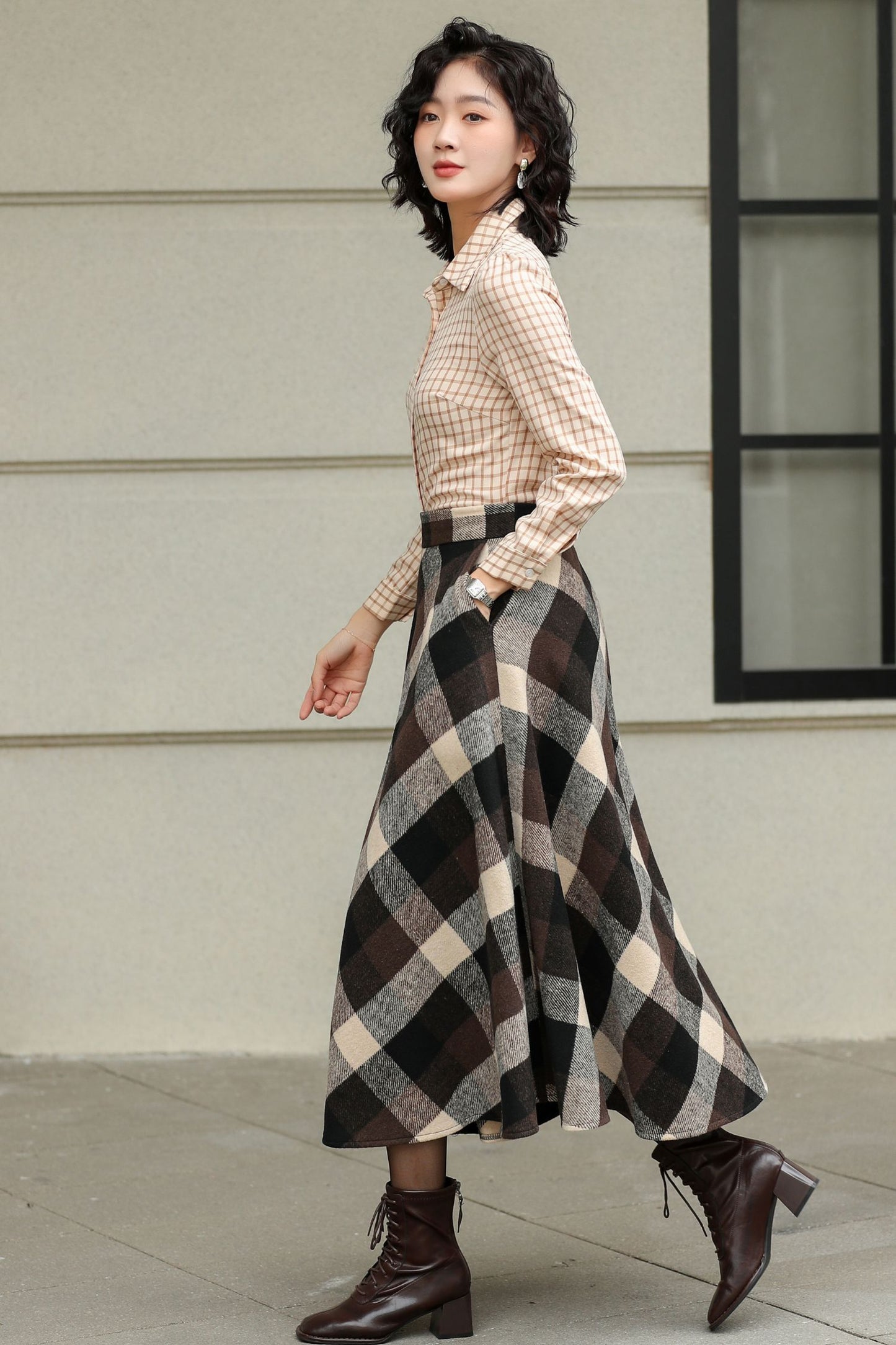 Brown Plaid Wool Midi Skirt – High Waist A-Line Winter Skirt with Pockets 6421