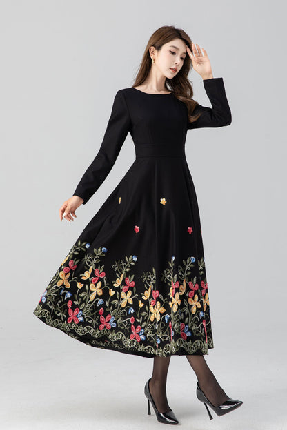 Black fit and flare embroidered dress 4663