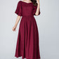 Burgundy midi summer womens linen dress 1573