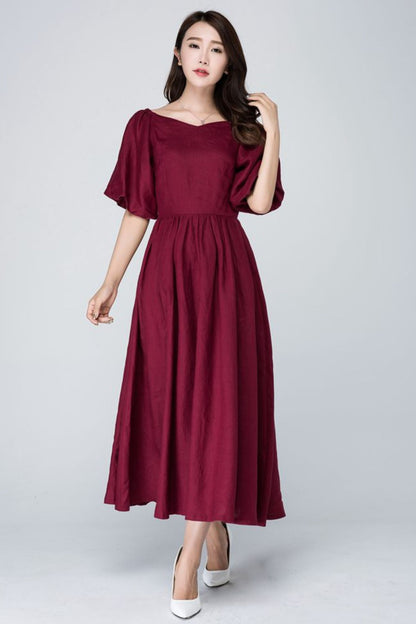 Burgundy midi summer womens linen dress 1573