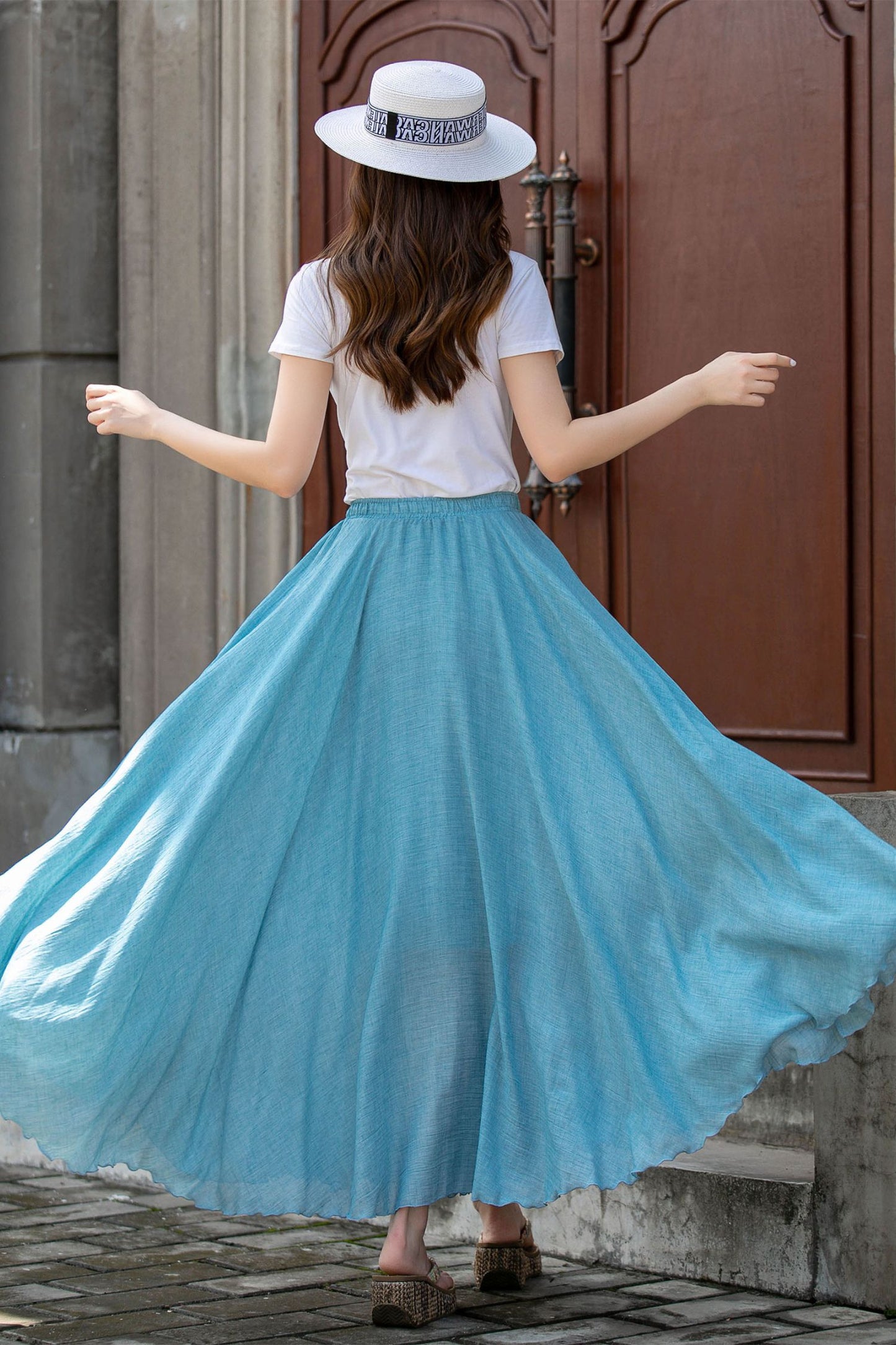 Long cotton swing blue summer skirt 4412