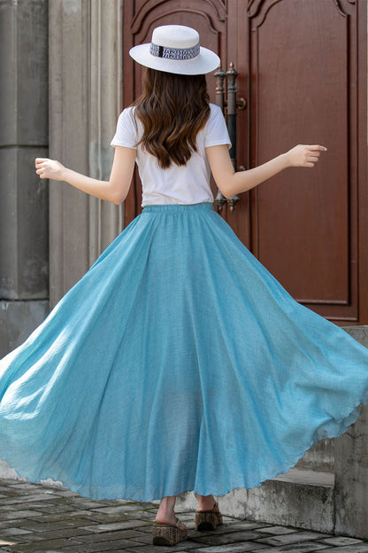Blue Cotton-Linen Long Circle Skirt - Pleated Waist, Elastic Fit 4412