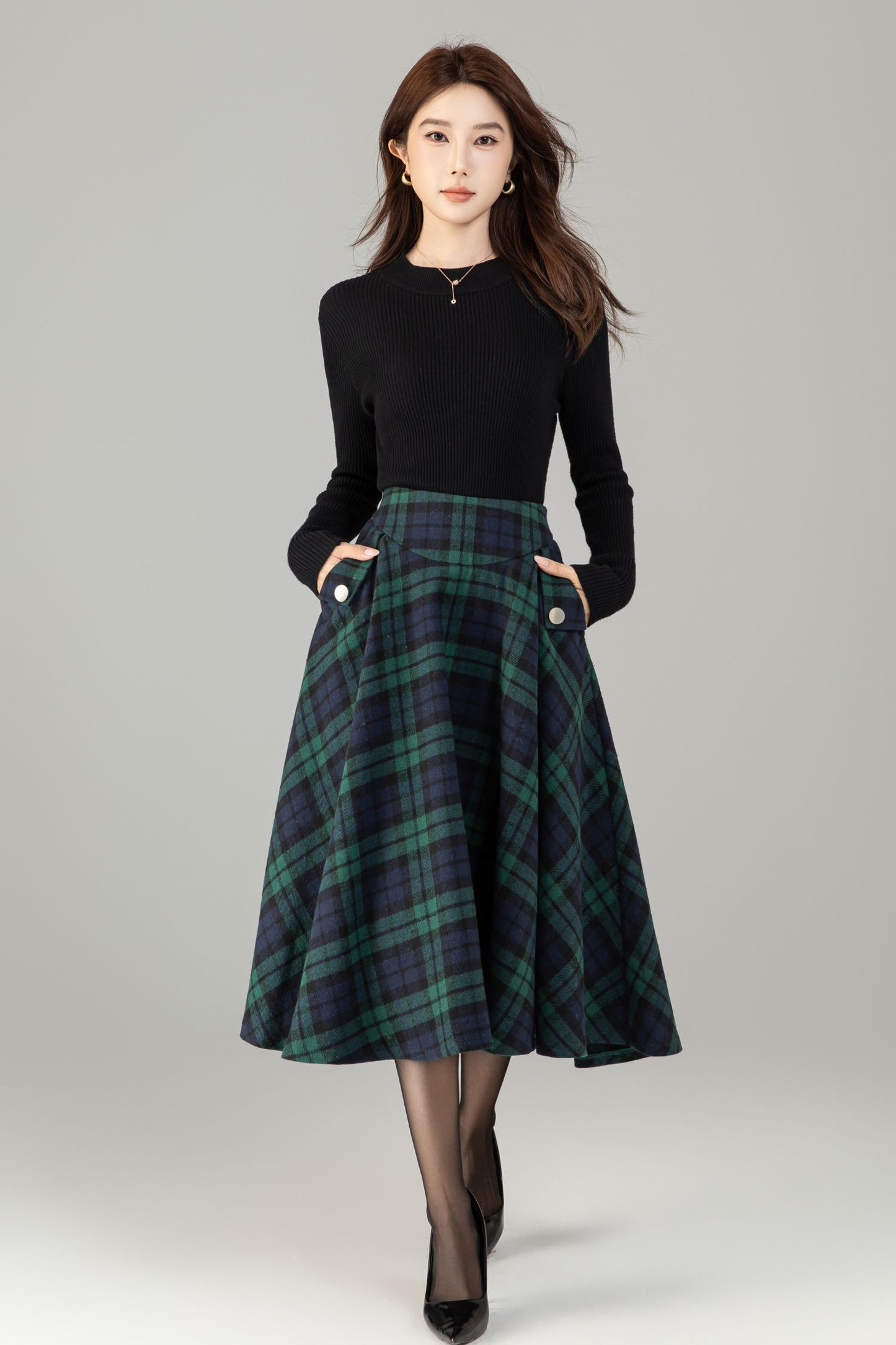 Xiaolizi Plaid Wool-Blend Pleated A-Line Midi Skirt – Plus-Size Winter 6502