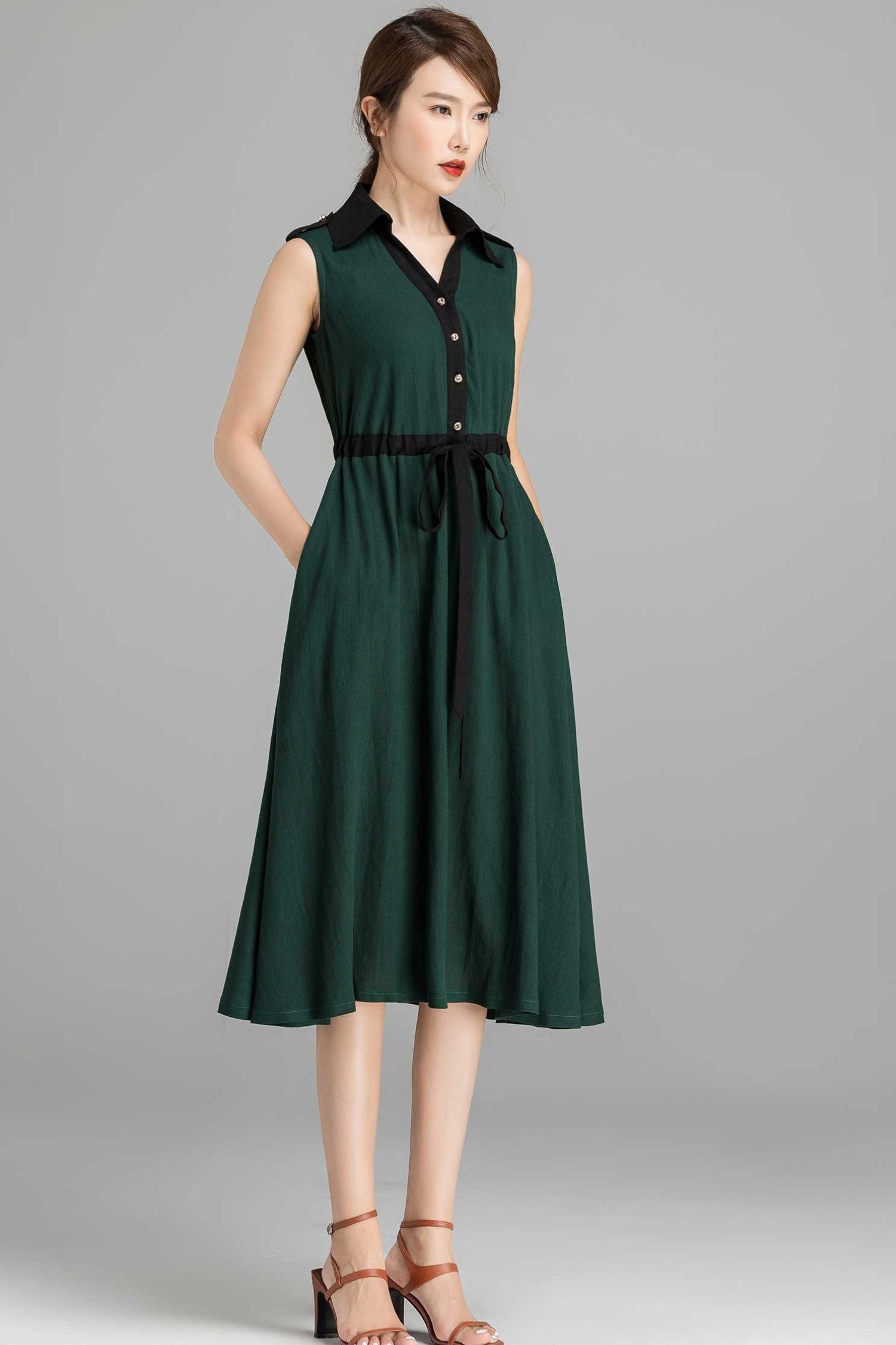 sleeveless button down shirt dress Green Linen Cotton Midi Dress - Sleeveless Button-Down