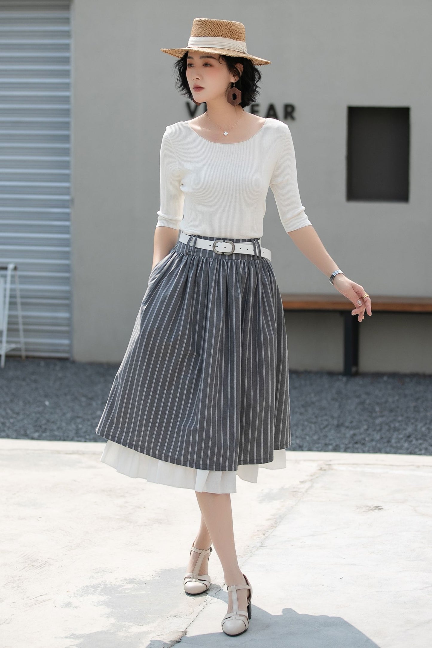 Xiaolizi Striped Linen Midi Skirt – Handmade High Waisted A-Line Summer Skirt 6686