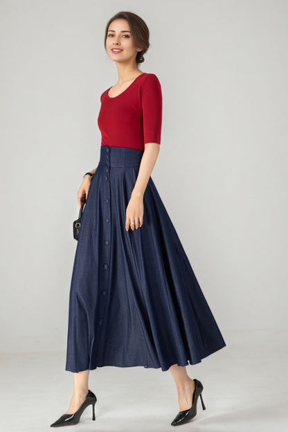 Navy Cotton Denim Midi Skirt - A-Line High Waist Button Front 6143