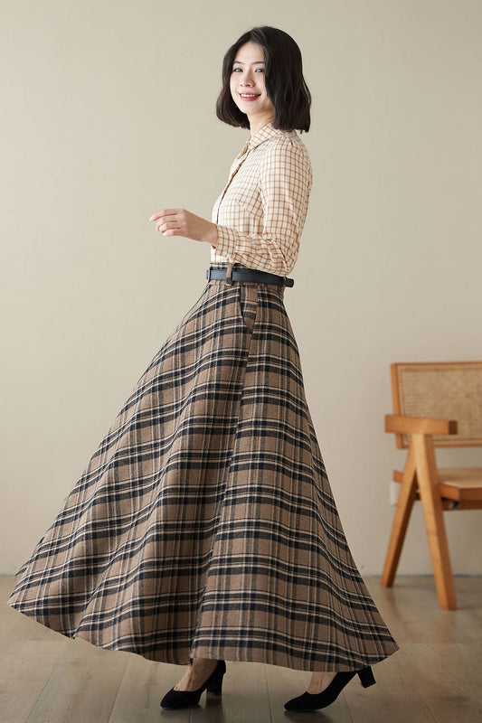 Beige Plaid Wool Skirt - Swing Silhouette with High Waist 4622