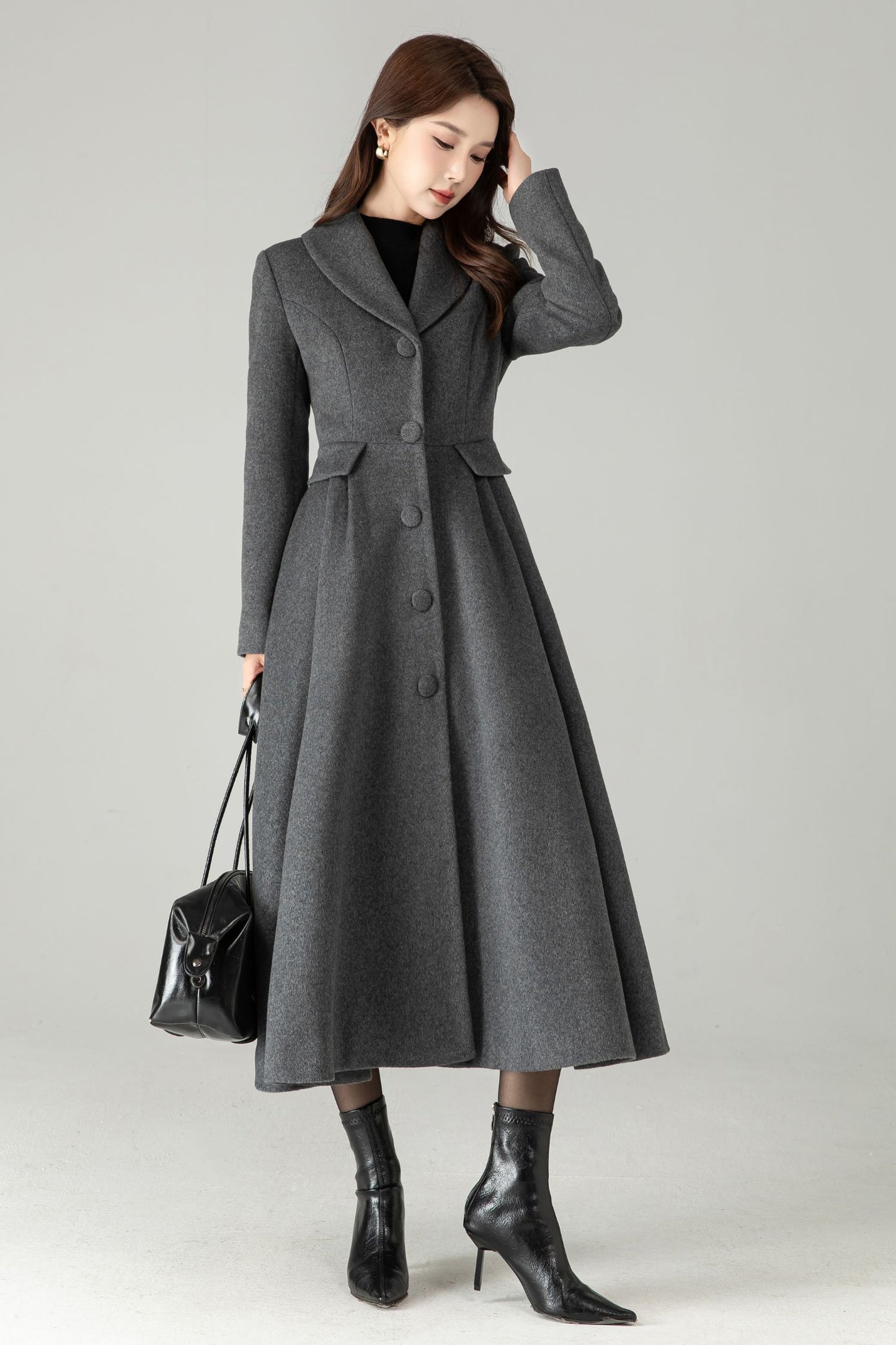 Gray Wool Maxi Coat – Single-Breasted Fit & Flare Long Winter Coat | Xiaolizi 6571
