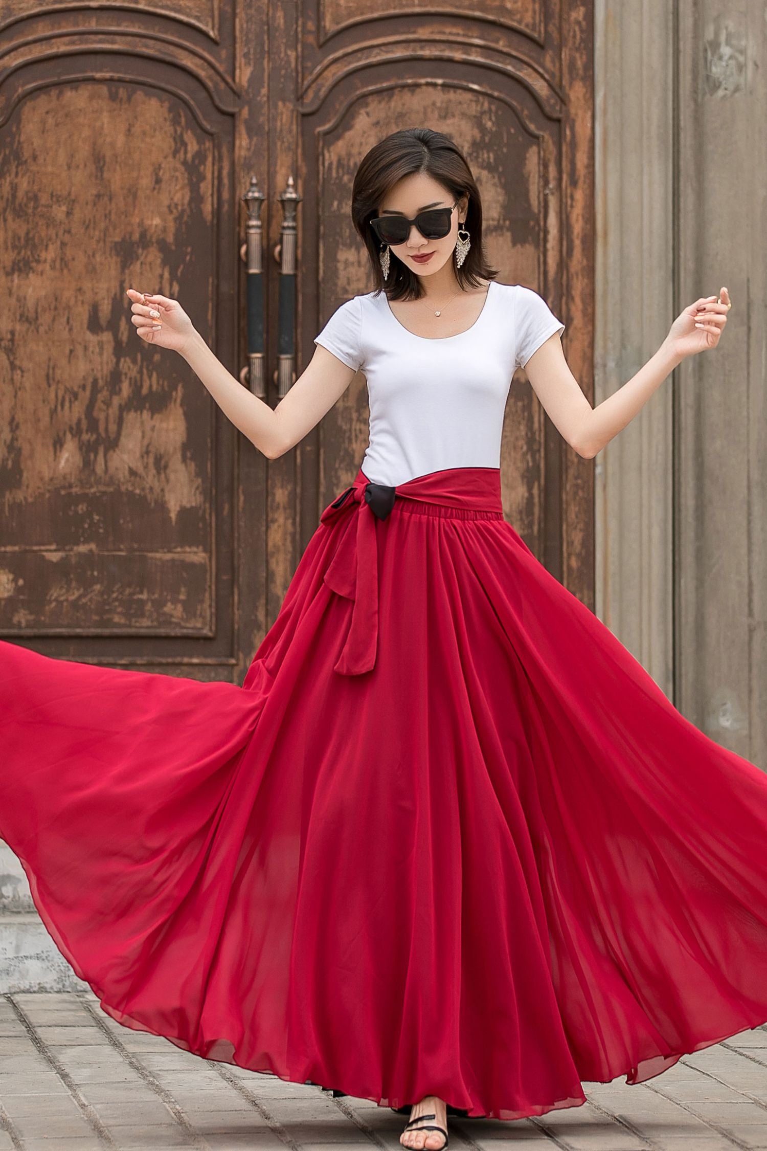 Reversible Chiffon Maxi Skirt Black & Red Circle Swing | Xiaolizi Black / Xs Reversible Chiffon Maxi Skirt Black & Red Circle Swing | Xiaolizi Black / Xs