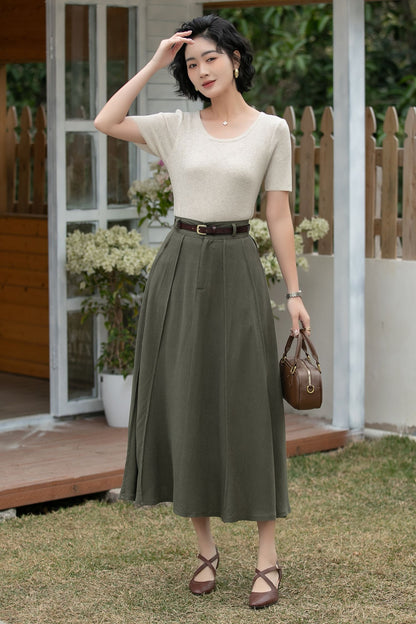 Xiaolizi Olive Green Linen Midi Skirt – Vintage High Waist A-Line 6696