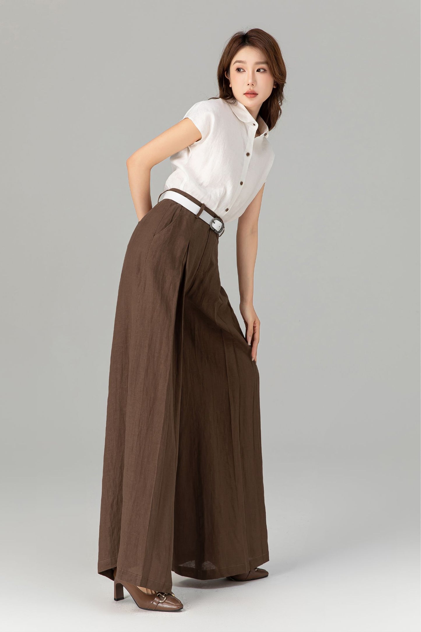 Womens elegant wide leg long linen pants 4918