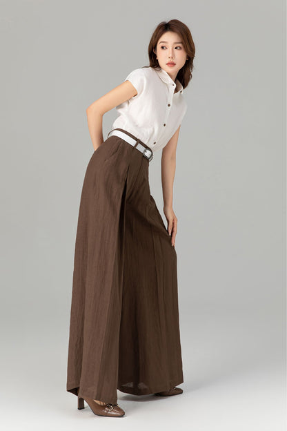 Brown Linen Wide Leg Pants - High Waisted Pleated Detail 4918