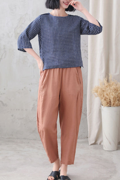 Navy Check Linen Blouse – Loose Fit Summer Top with 3/4 Sleeves 3336