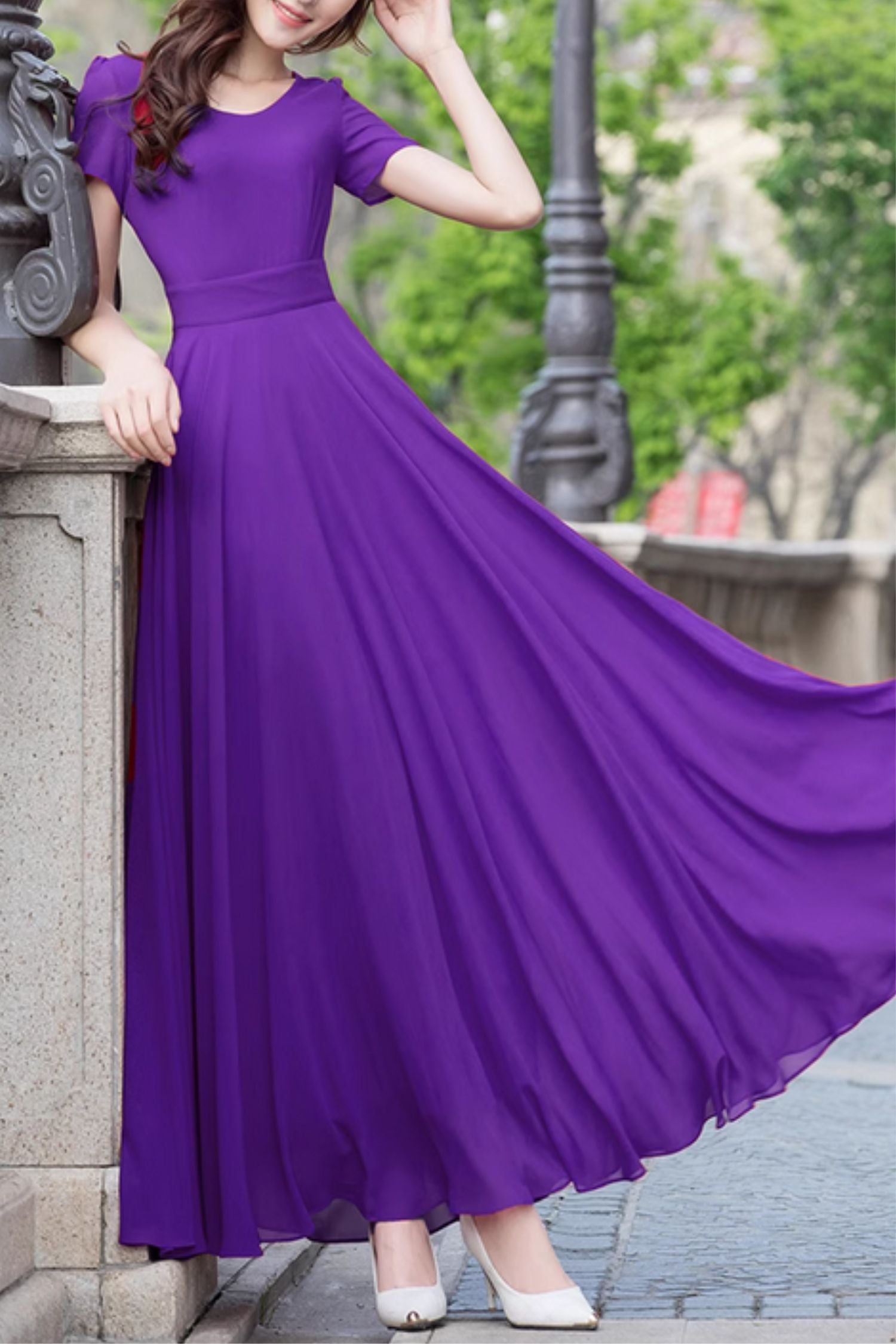 Purple Chiffon Maxi Dress - A-Line Flowy Silhouette 5154