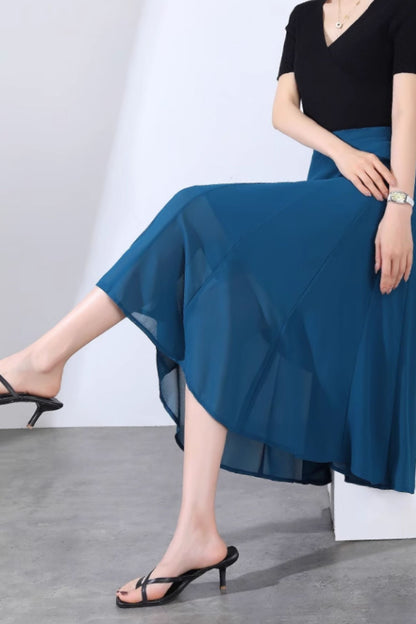 Green Chiffon A-Line Midi Skirt - Flowy Swing Silhouette 6129