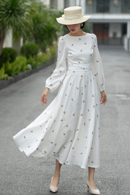 Handmade White Floral Linen Midi Dress – Vintage A-Line Long Sleeve Dress 6661
