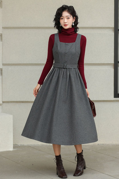 Gray Wool Midi Dress - Sleeveless Swing Silhouette with Belt 6427