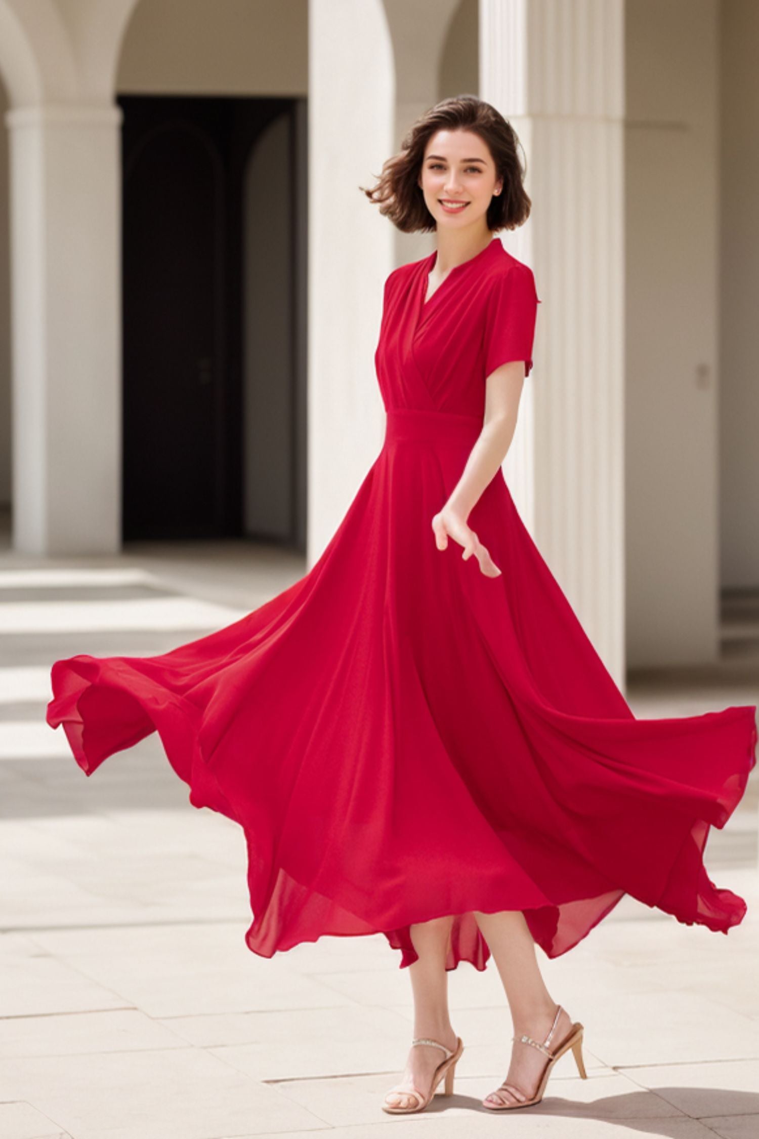 Red Chiffon Swing Dress - V-Neck Midi A-Line | Xiaolizi 5174