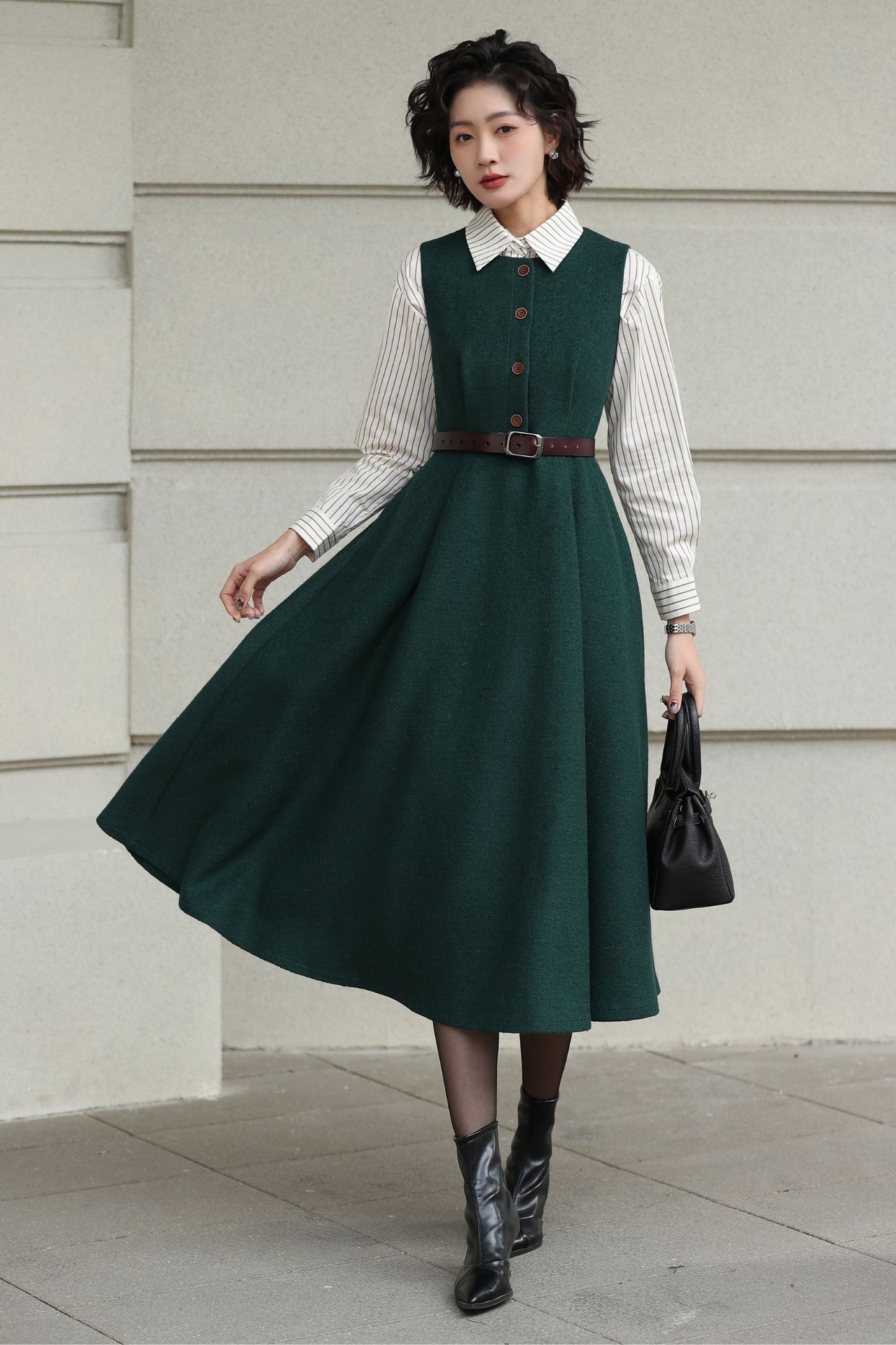 Handmade Vintage Wool Dress – Green Sleeveless A-Line Midi Winter Dress 6615