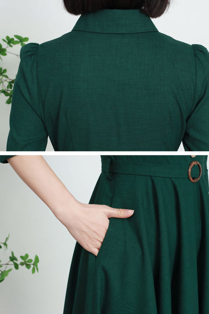 Green Linen A-Line Dress - Button Front, Relaxed Fit 5735
