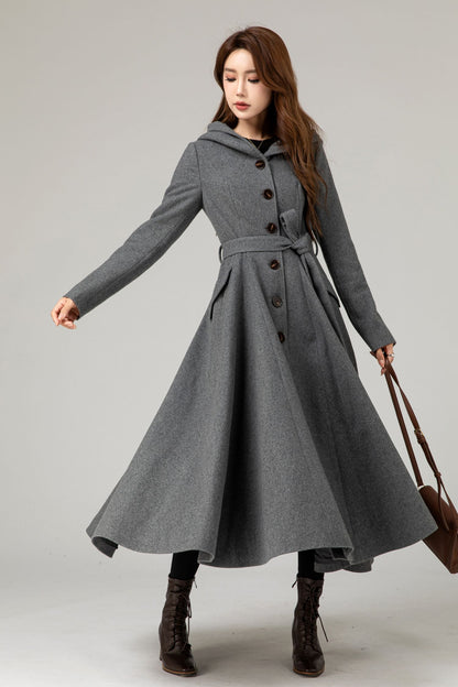Gray Wool Blend Long Coat - Hooded Tie Belt Fitted | Xiaolizi 5481