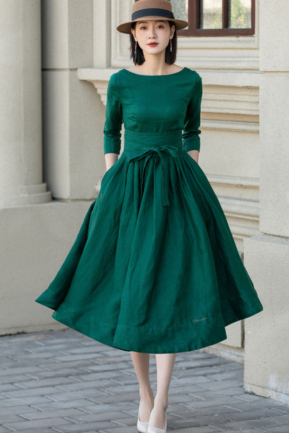 Emerald Green Linen Midi Dress - Bow Tie Waist Pockets | Xiaolizi 5721