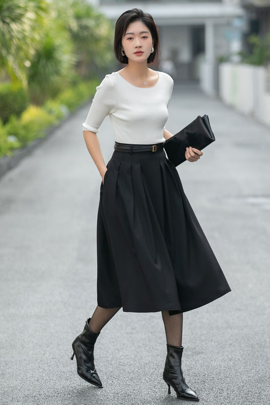 Handmade Black Pleated Midi Skirt – High Waist A-Line Office Skirt 6665