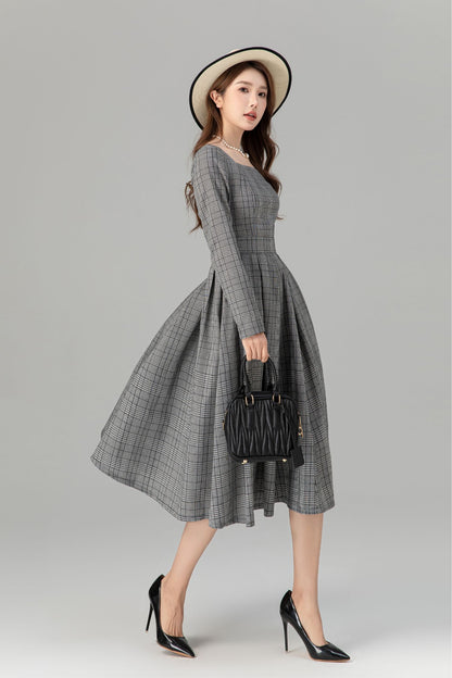 Plaid Linen Midi Dress - Swing Silhouette with Long Sleeves 4935