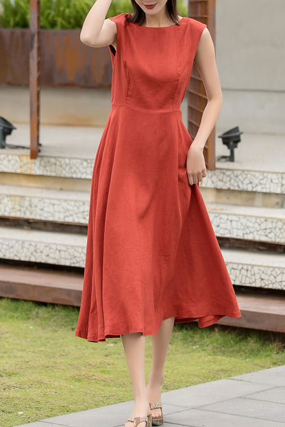 Orange sleeveless summer midi linen dress 2741