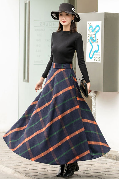 Women A-Line Pleated Plaid Wool Skirt 2838