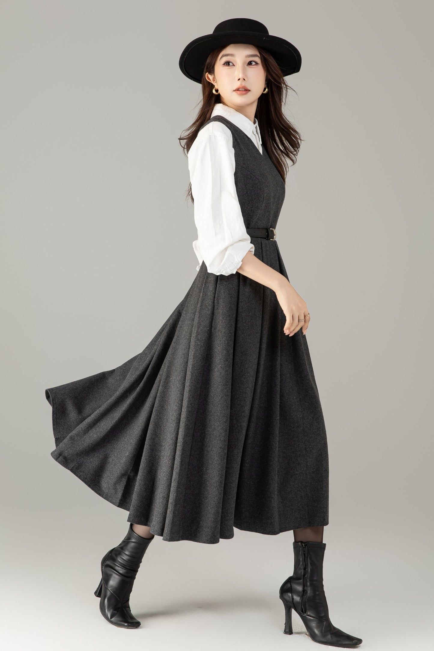 Handmade Wool Blend A-Line Midi Dress – Vintage Winter Swing Style | Xiaolizi 6498