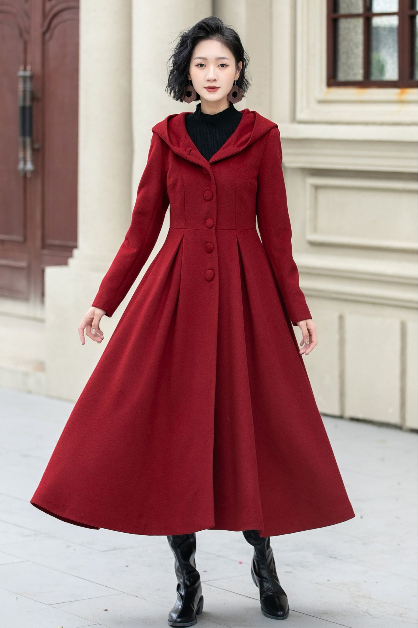 Long swing red winter wool coat women 5346