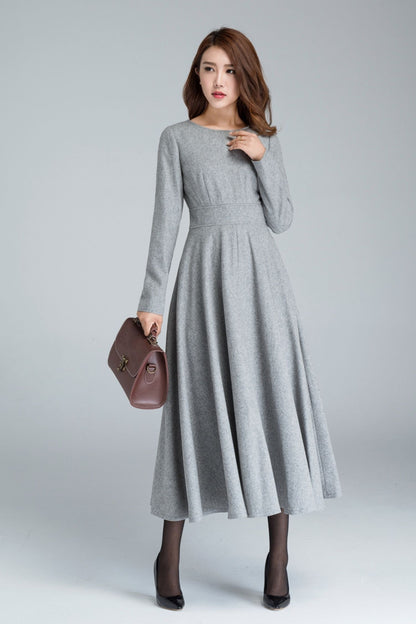 Handmade Gray Wool Swing Dress – Long Sleeve Fit and Flare Winter Dress | Xiaolizi 1616