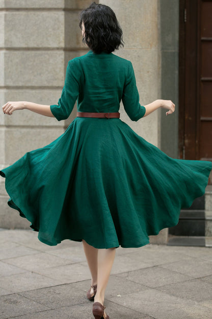 Green Linen Midi Dress - A-Line Flowy Elegance 5677