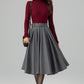 Grey Wool Midi Skirt – Handmade High Waist Vintage Pleated Skater Skirt 6398