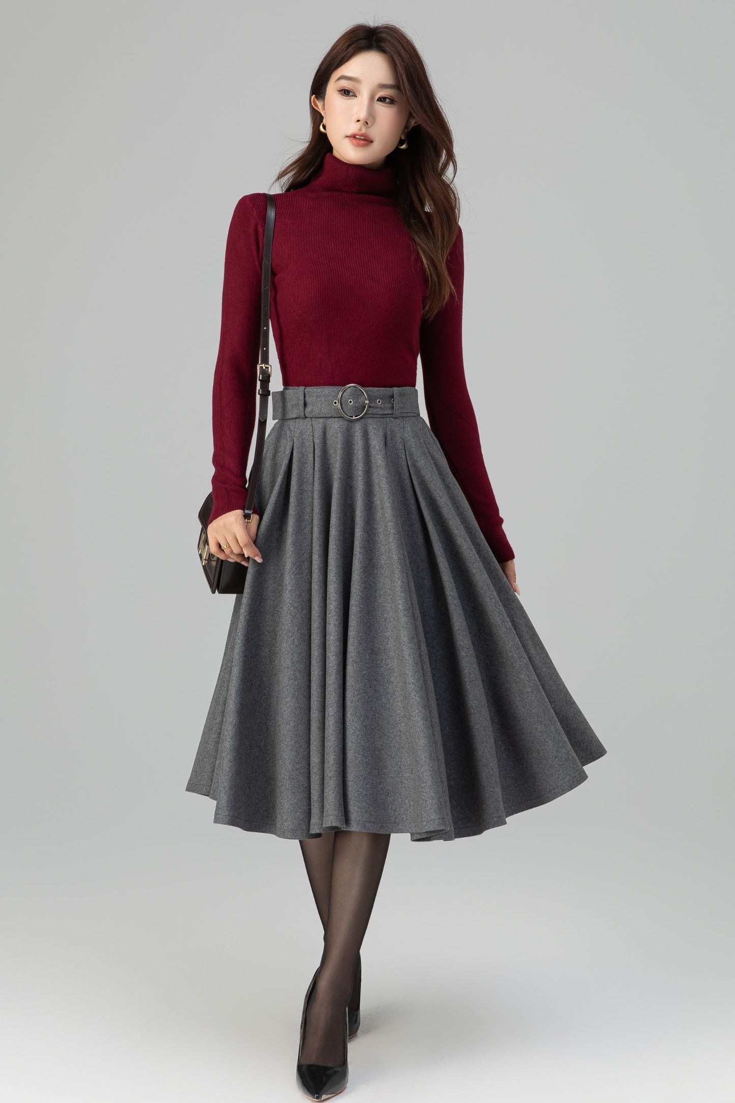 Grey Wool Midi Skirt – Handmade High Waist Vintage Pleated Skater Skirt 6398