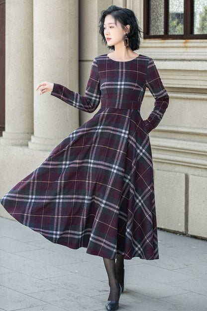 Women’s Wine Red Plaid Wool Midi Dress – Handmade Retro Fit and Flare | Xiaolizi 5308
