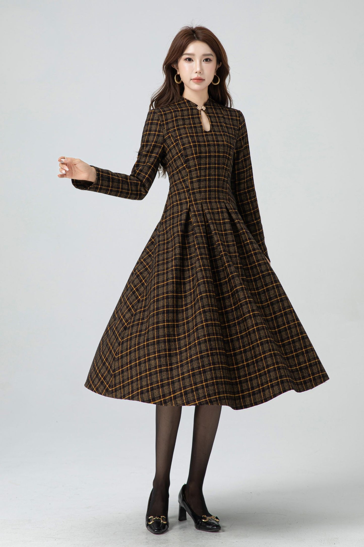 Retro plaid midi wool dress women 5302