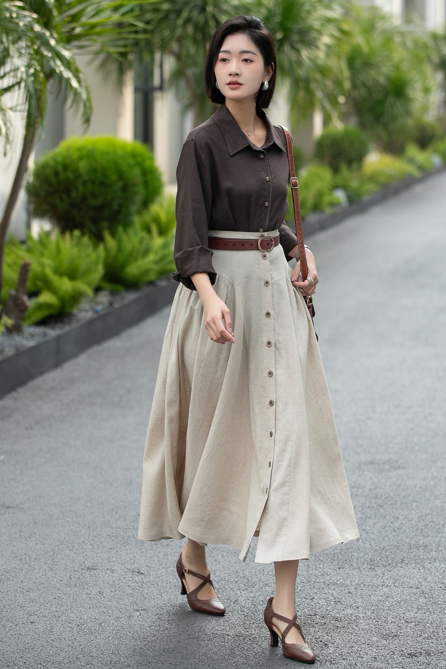 Beige Linen Midi Skirt – High Waist A-Line Button Front Skirt 6666