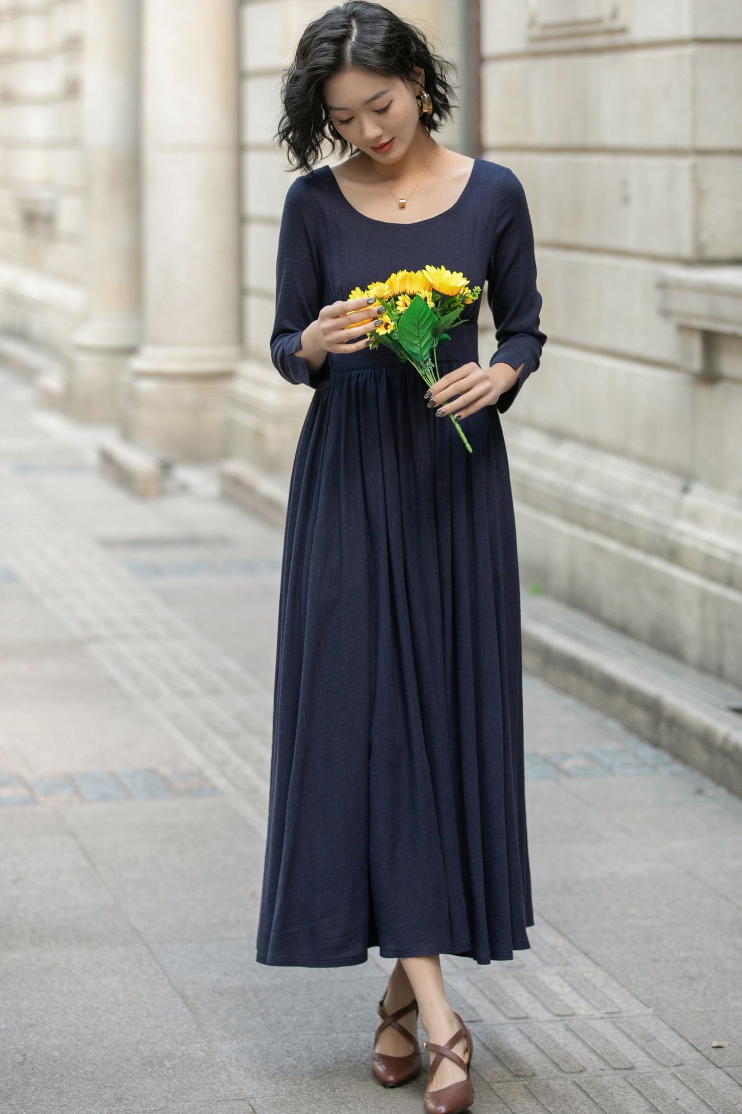 Navy Blue Maxi Linen Dress 5683