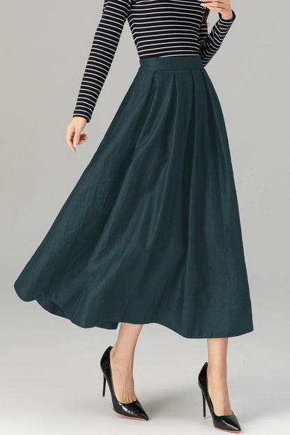 Dark Green Linen Midi Skirt - Pleated A-Line with Pockets 5724