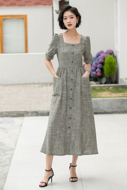 Gray Linen Cotton Midi Dress - Square Neckline with Puff Sleeves 5984