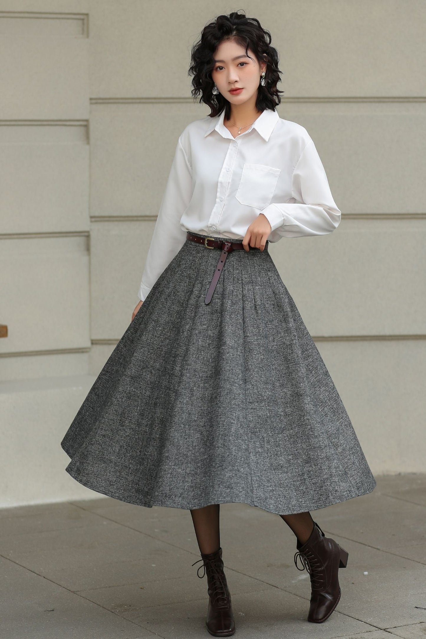 Grey Wool Pleated Midi Skirt - A-Line Silhouette with Pockets 6416