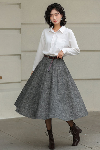 Grey Wool Pleated Midi Skirt - A-Line Silhouette with Pockets 6416